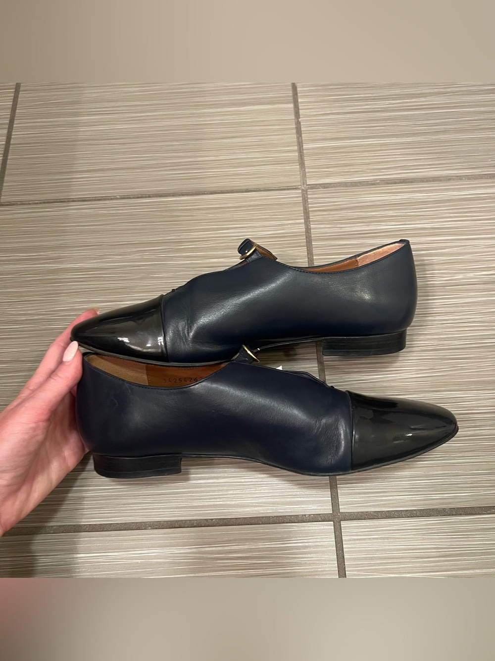 Heyraud navy black leather patent color block flats loafers - Picture 4 of 7